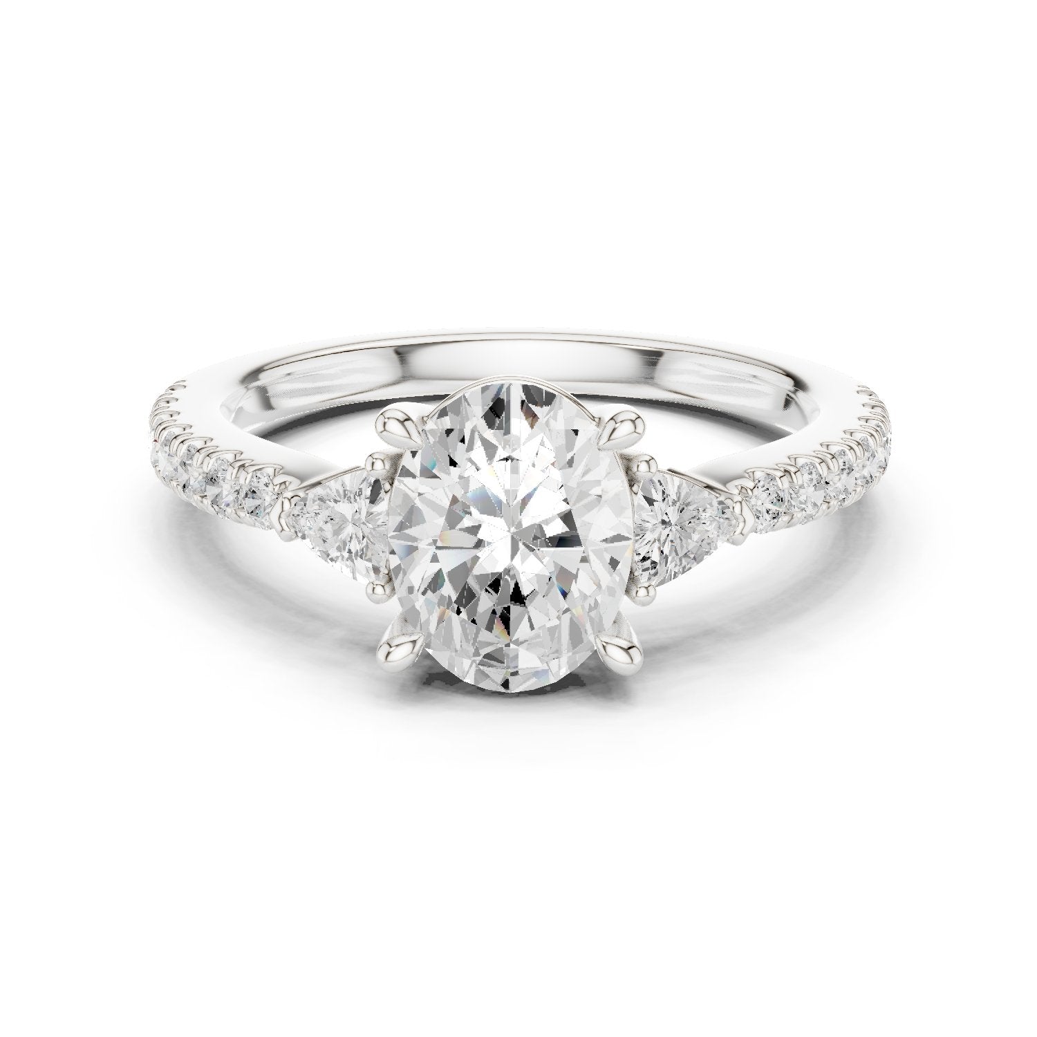 Oval Diamond Three Stone Engagement Ring with Trilliant Sides and Pavé Band
