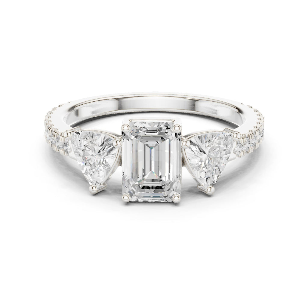 Emerald Cut Three Stone Engagement Ring with Trillion Sides and Pavé Band