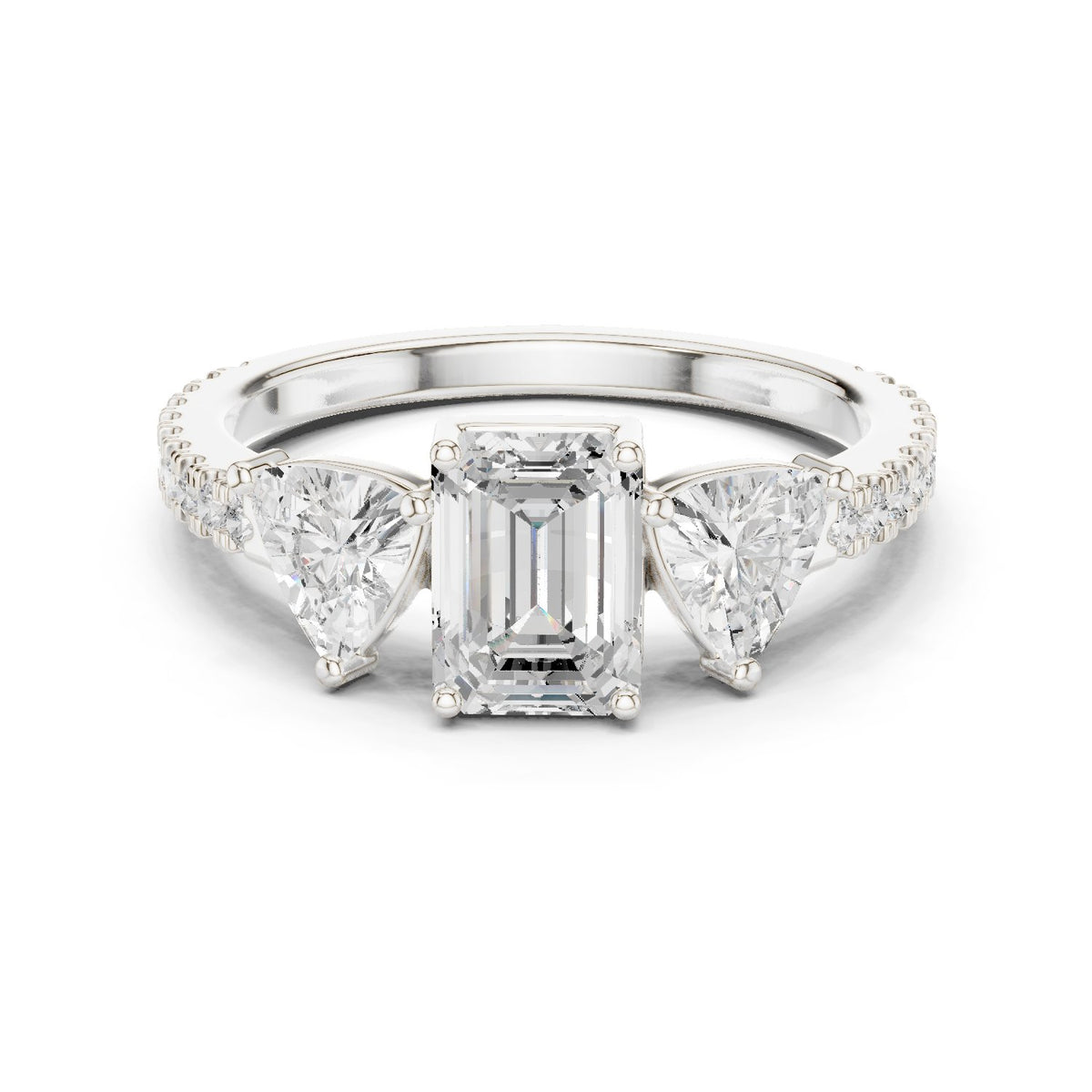 Emerald Cut Three Stone Engagement Ring with Trillion Sides and Pavé Band