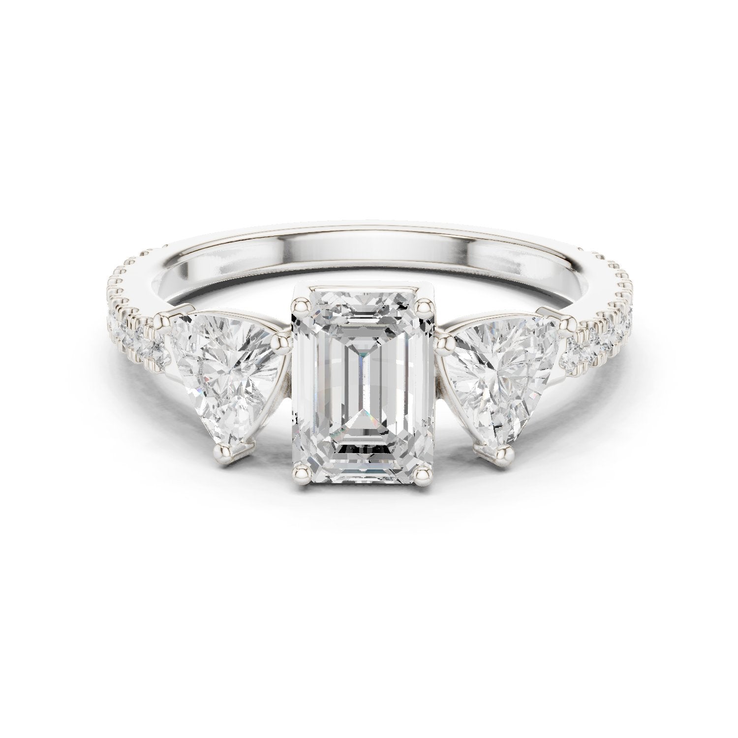 Emerald Cut Three Stone Engagement Ring with Trillion Sides and Pavé Band