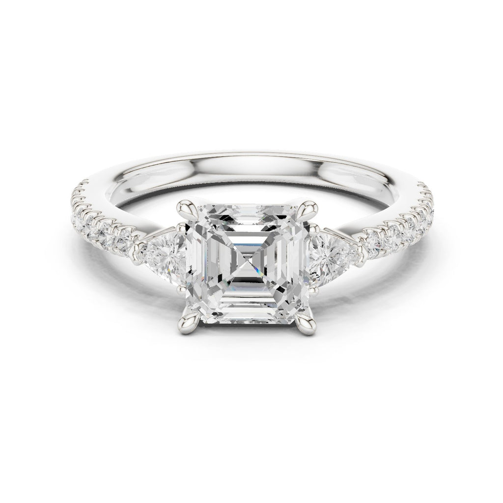 Asscher Cut Three Stone Engagement Ring with Trilliant Sides and Pavé Band