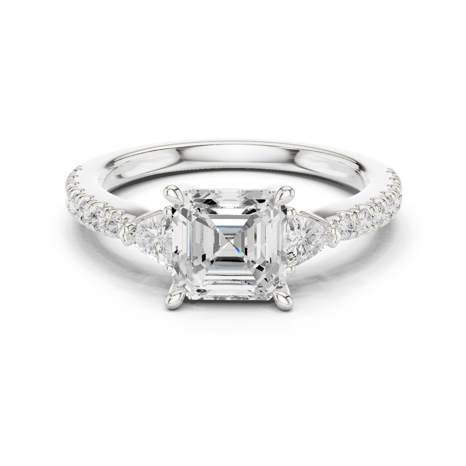 Asscher Cut Three Stone Engagement Ring with Trilliant Sides and Pavé Band