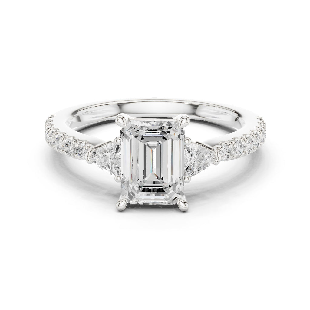 Emerald Cut Three Stone Engagement Ring with Trilliant Sides and Pavé Band