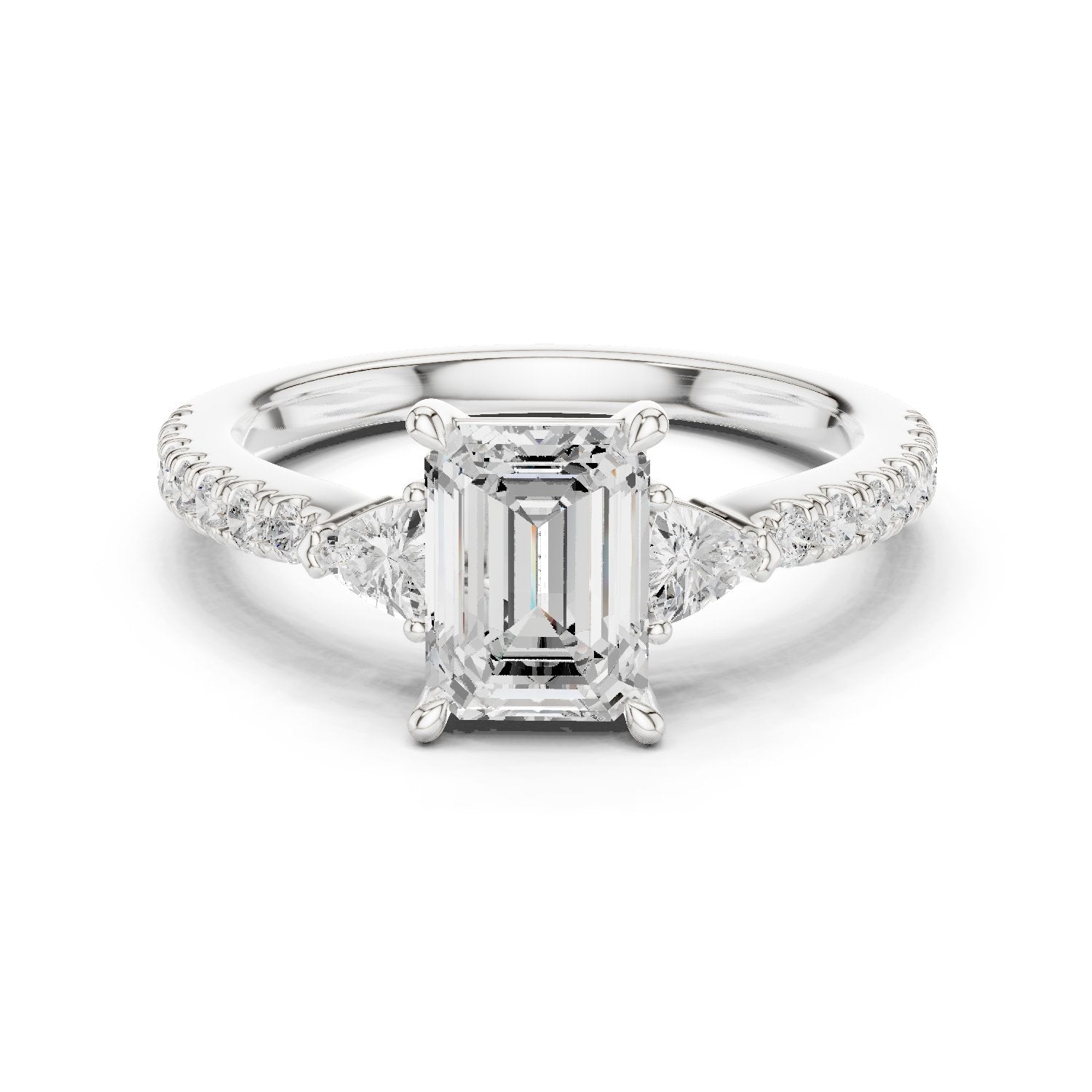 Emerald Cut Three Stone Engagement Ring with Trilliant Sides and Pavé Band
