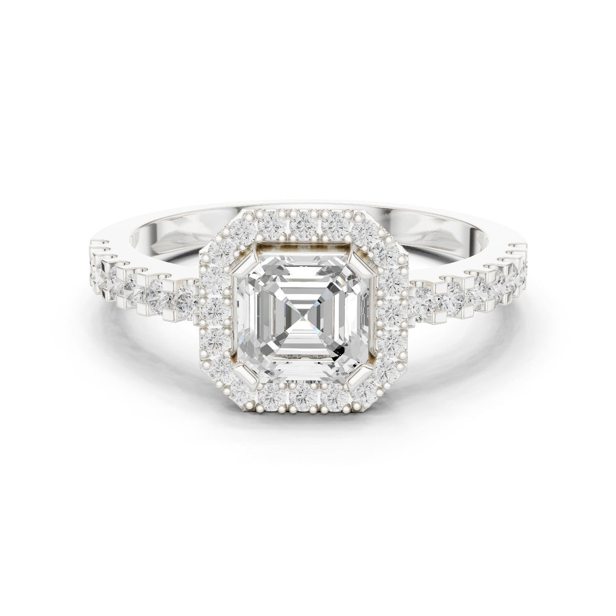 Asscher Cut Halo Engagement Ring with Crossover Pavé Band