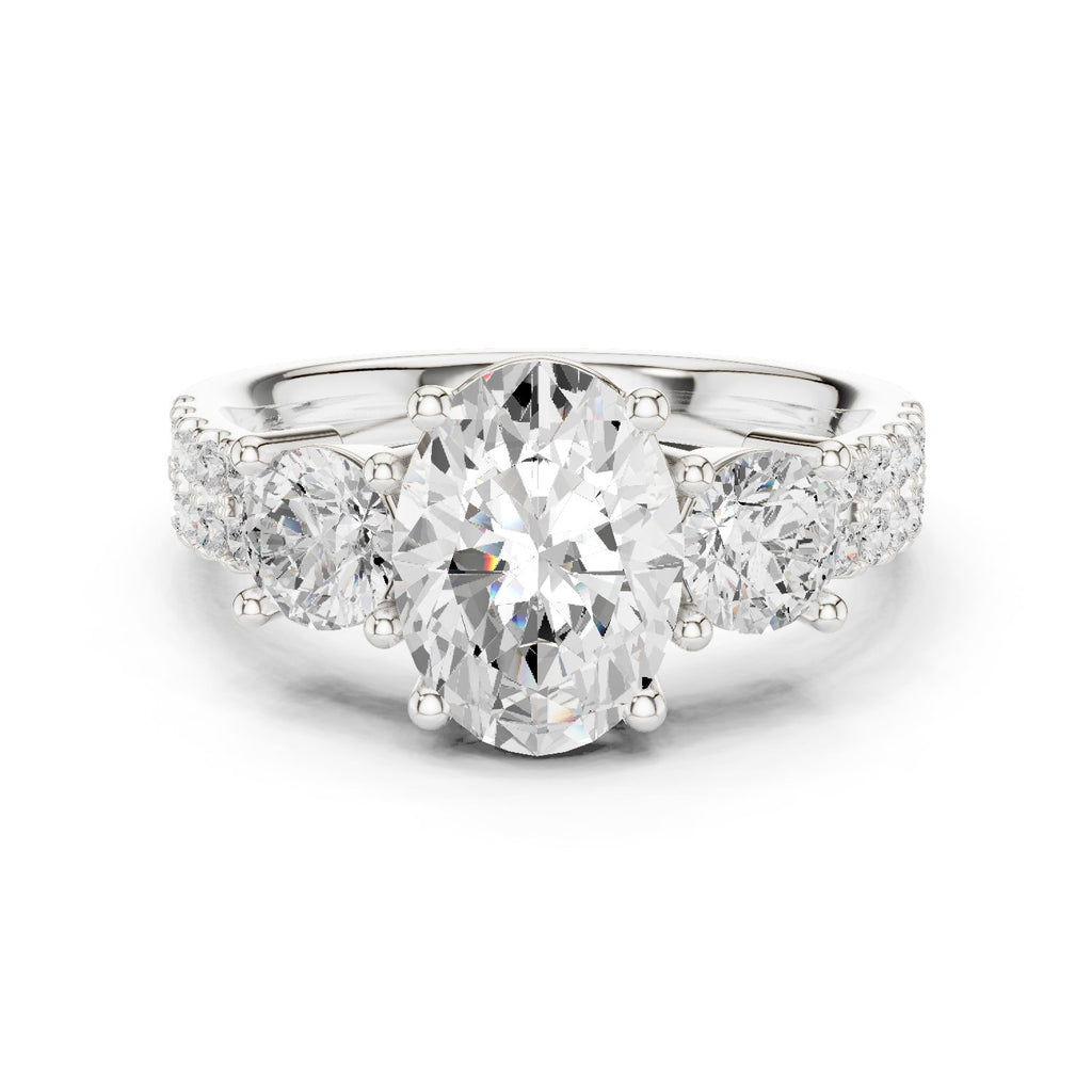 Oval Diamond Three Stone Engagement Ring with Round Sides and Pavé Band