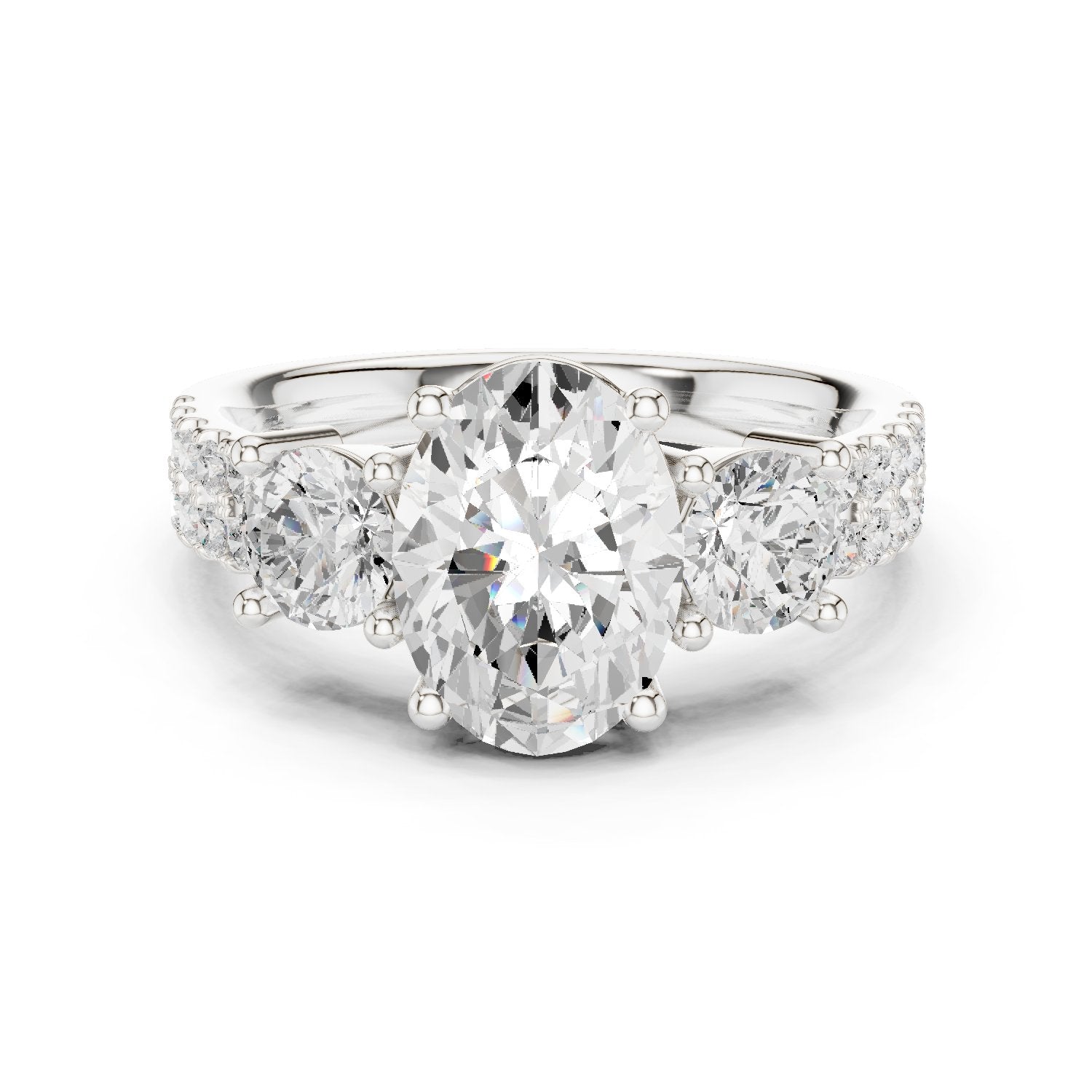 Oval Diamond Three Stone Engagement Ring with Round Sides and Pavé Band