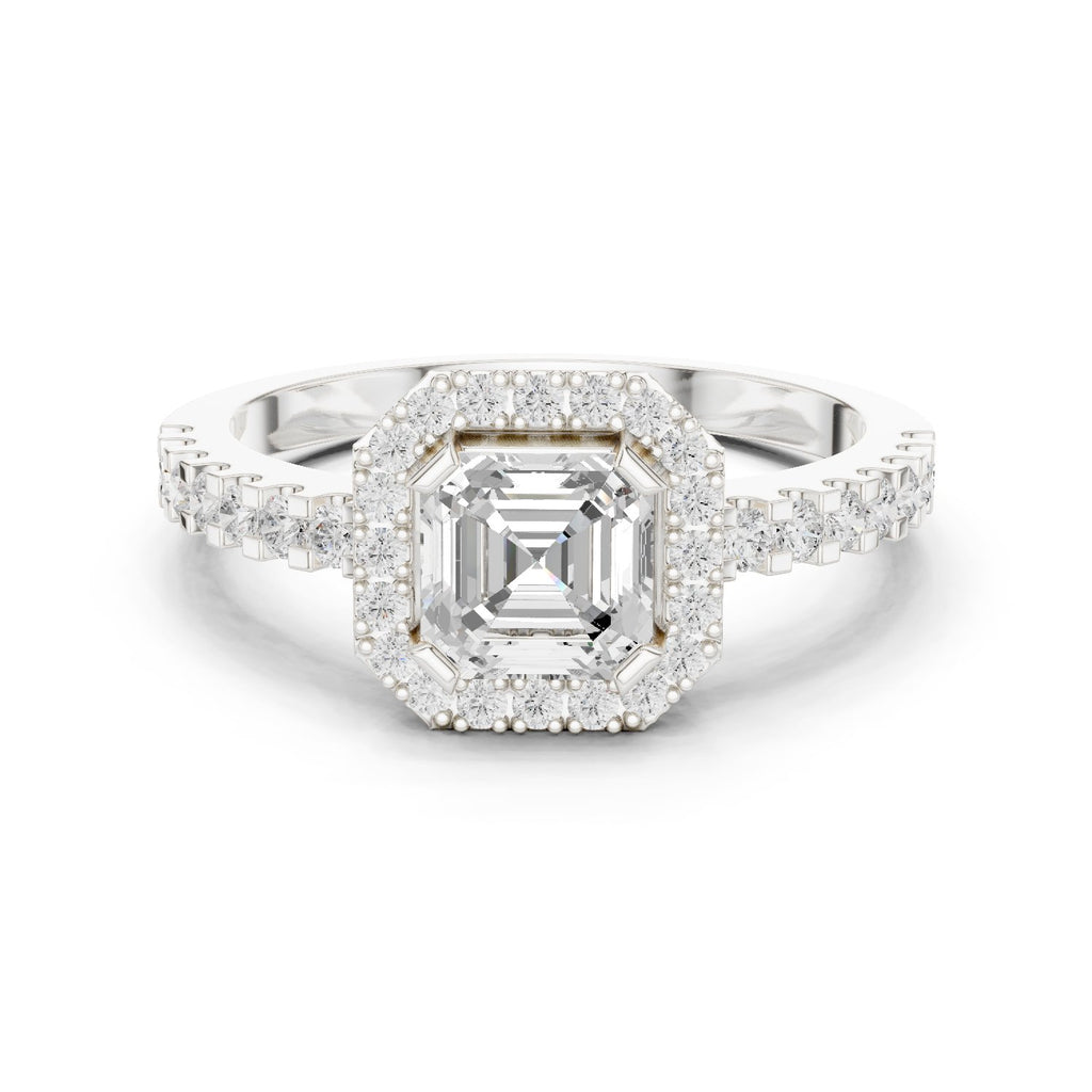 Asscher Cut Halo Engagement Ring with Crossover Pavé Band