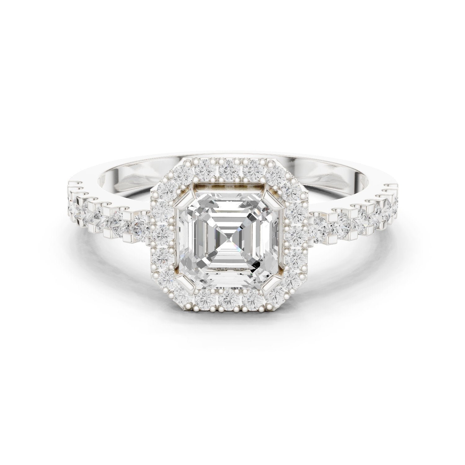 Asscher Cut Halo Engagement Ring with Crossover Pavé Band