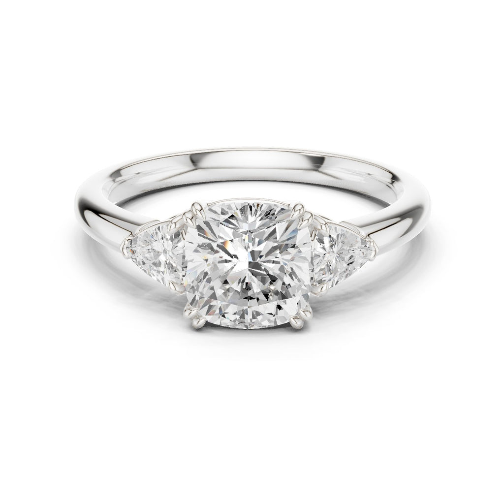 Cushion Cut Three Stone Engagement Ring with Trilliant Sides