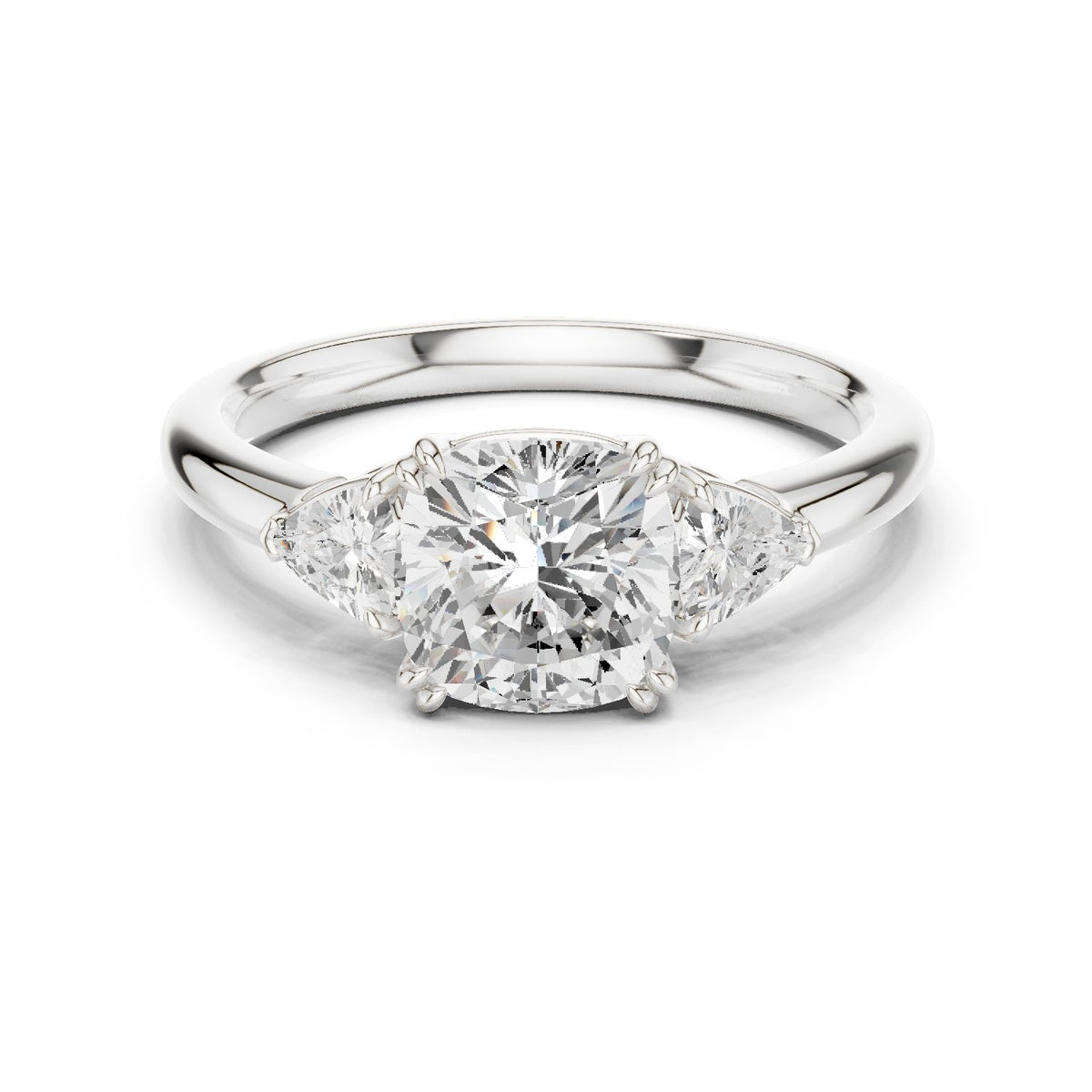 Cushion Cut Three Stone Engagement Ring with Trilliant Sides