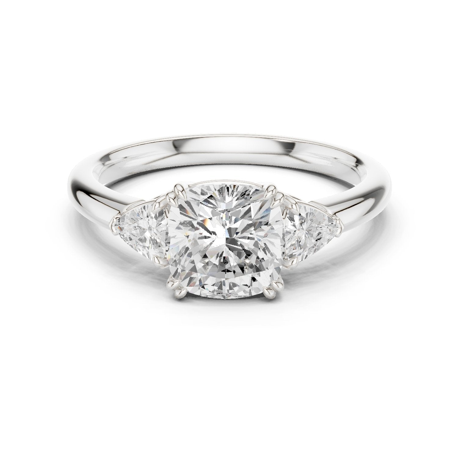 Cushion Cut Three Stone Engagement Ring with Trilliant Sides