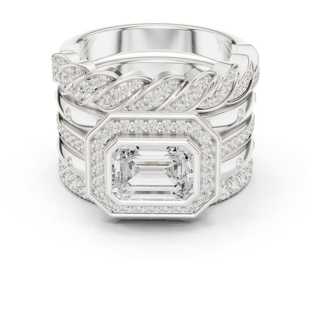 Emerald Cut Halo Engagement Ring with Stacked Multi-Band Pavé Wrap