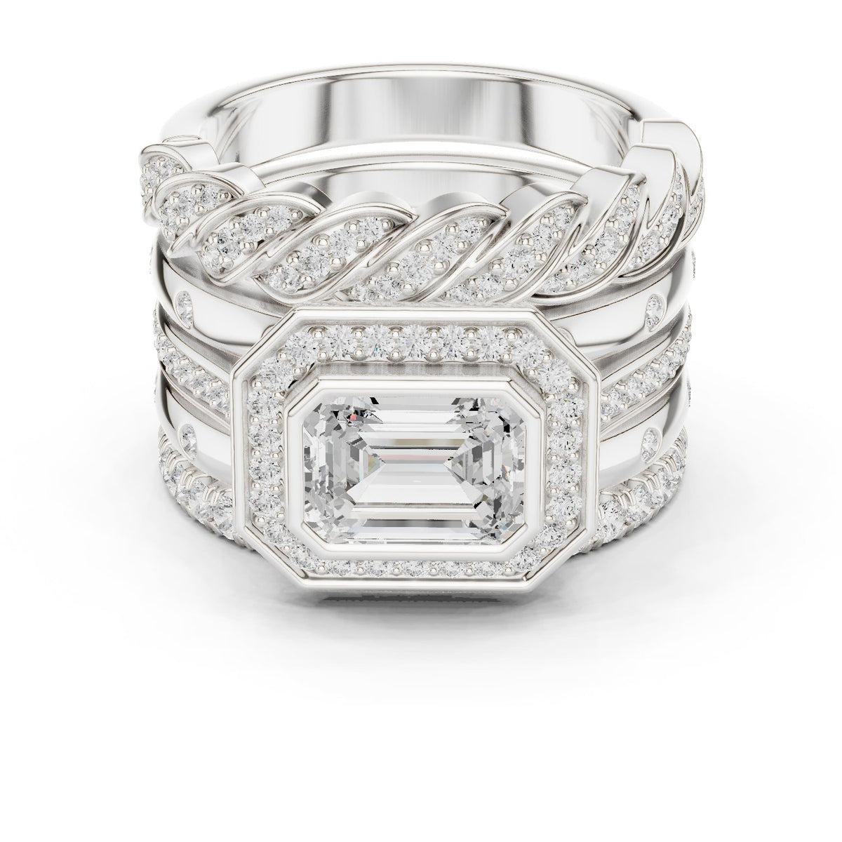 Emerald Cut Halo Engagement Ring with Stacked Multi-Band Pavé Wrap