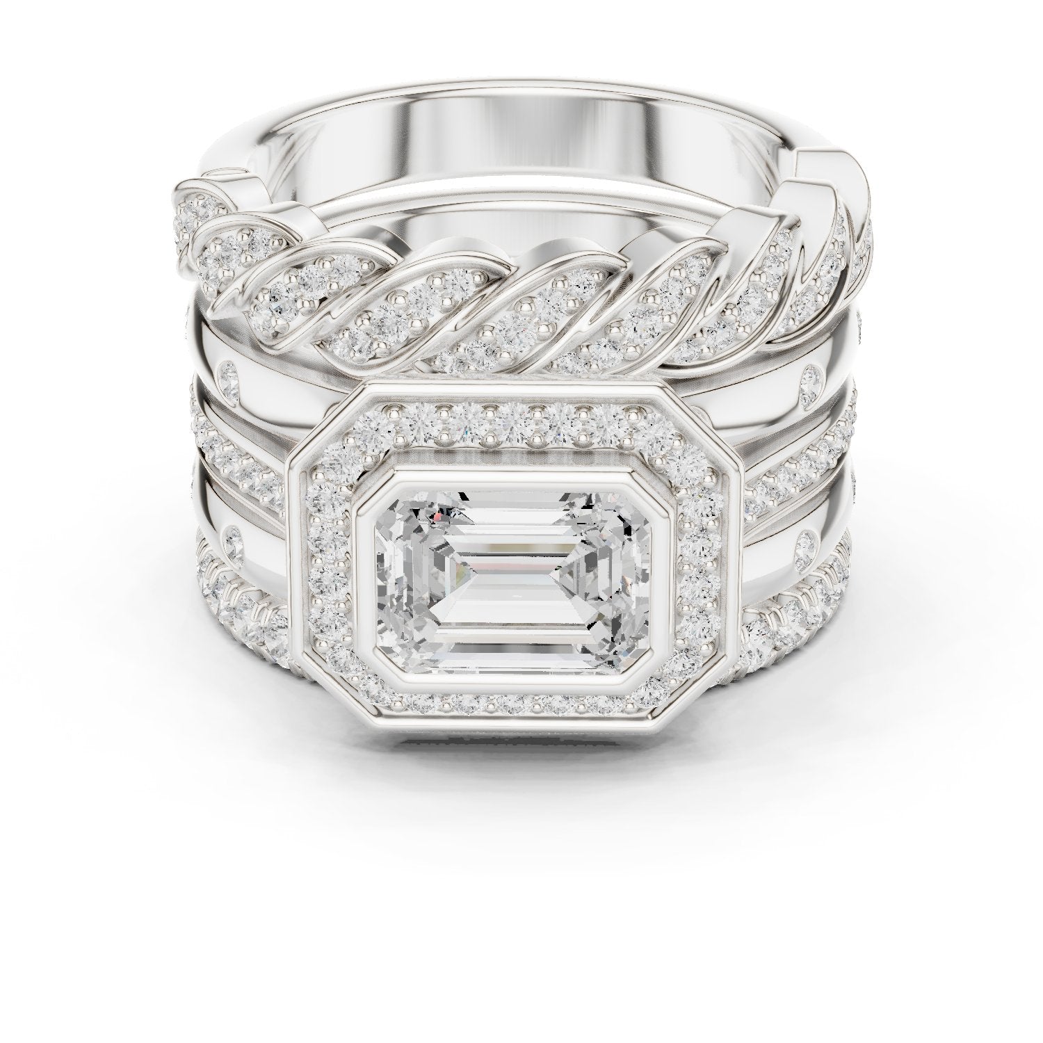 Emerald Cut Halo Engagement Ring with Stacked Multi-Band Pavé Wrap
