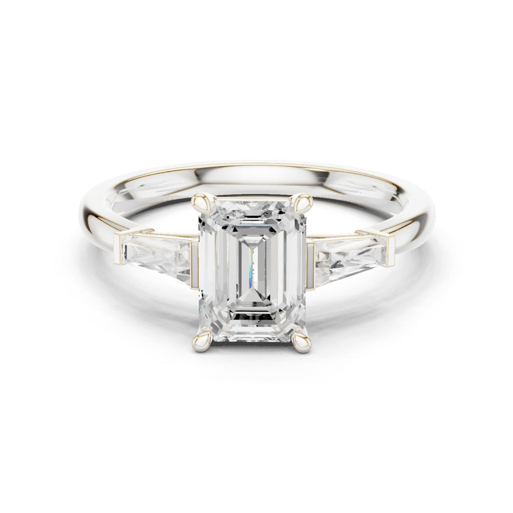 Emerald Cut Three Stone Engagement Ring with Tapered Baguette Sides