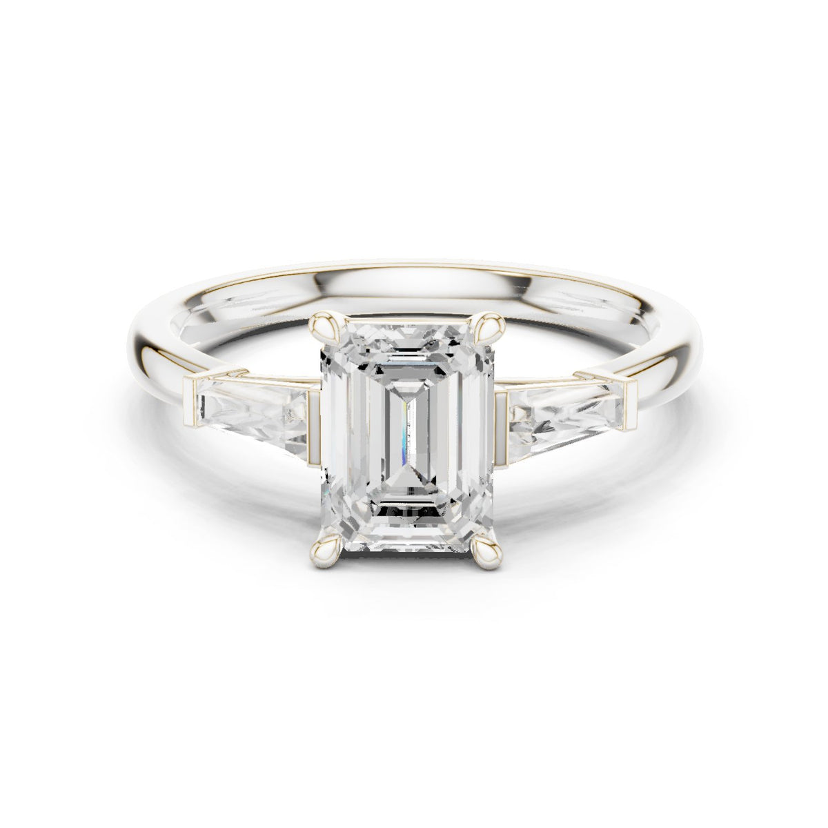 Emerald Cut Three Stone Engagement Ring with Tapered Baguette Sides