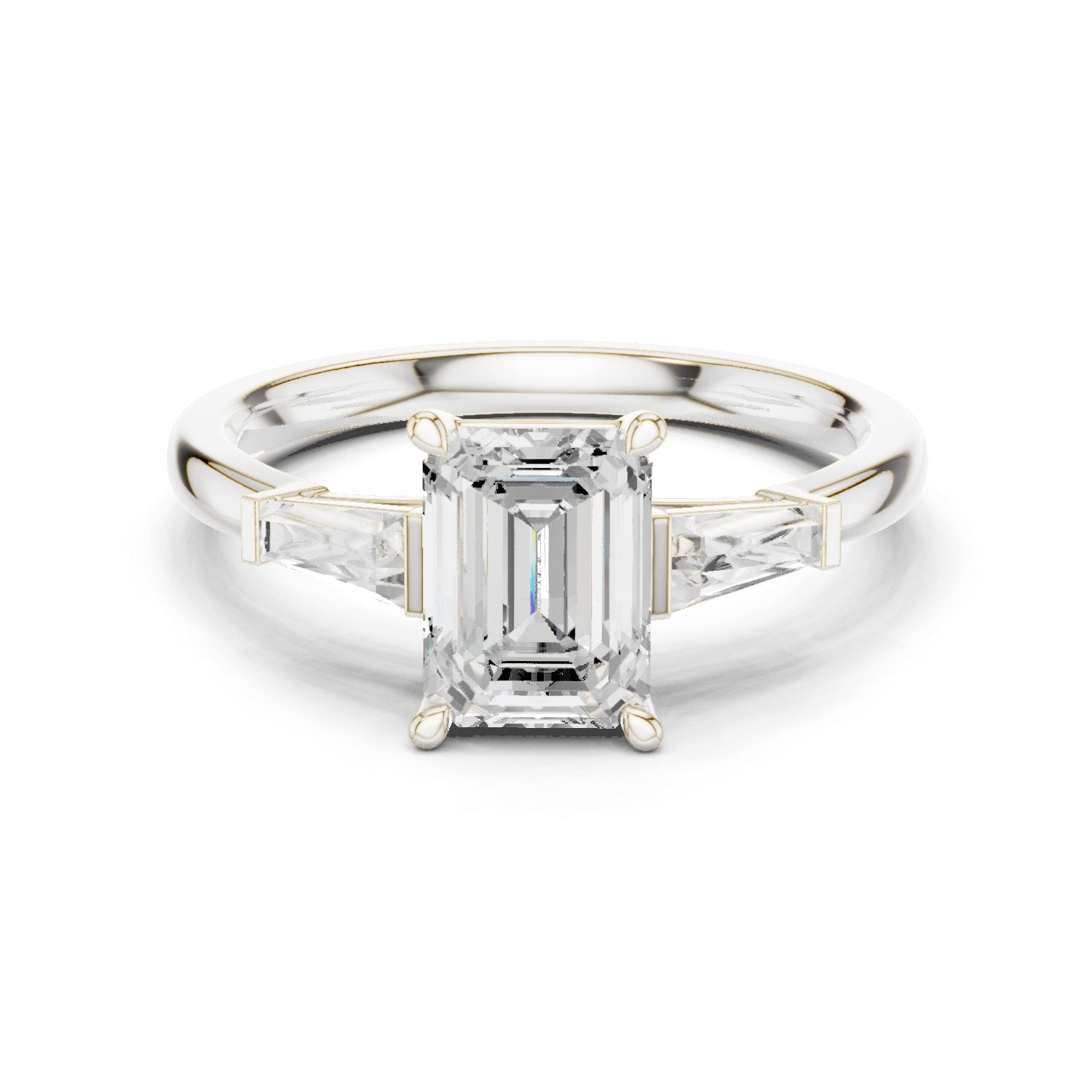 Emerald Cut Three Stone Engagement Ring with Tapered Baguette Sides