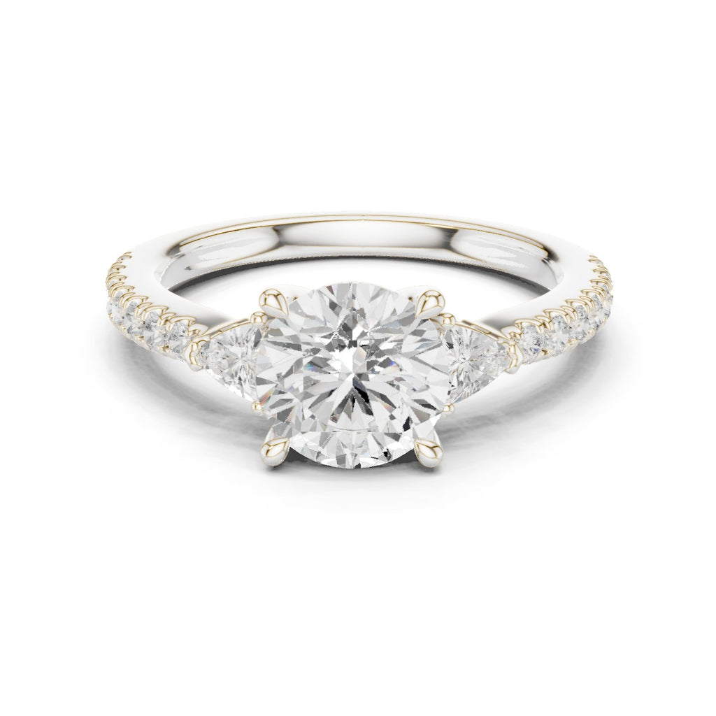 Round Diamond Three Stone Engagement Ring with Trilliant Sides and Pavé Band