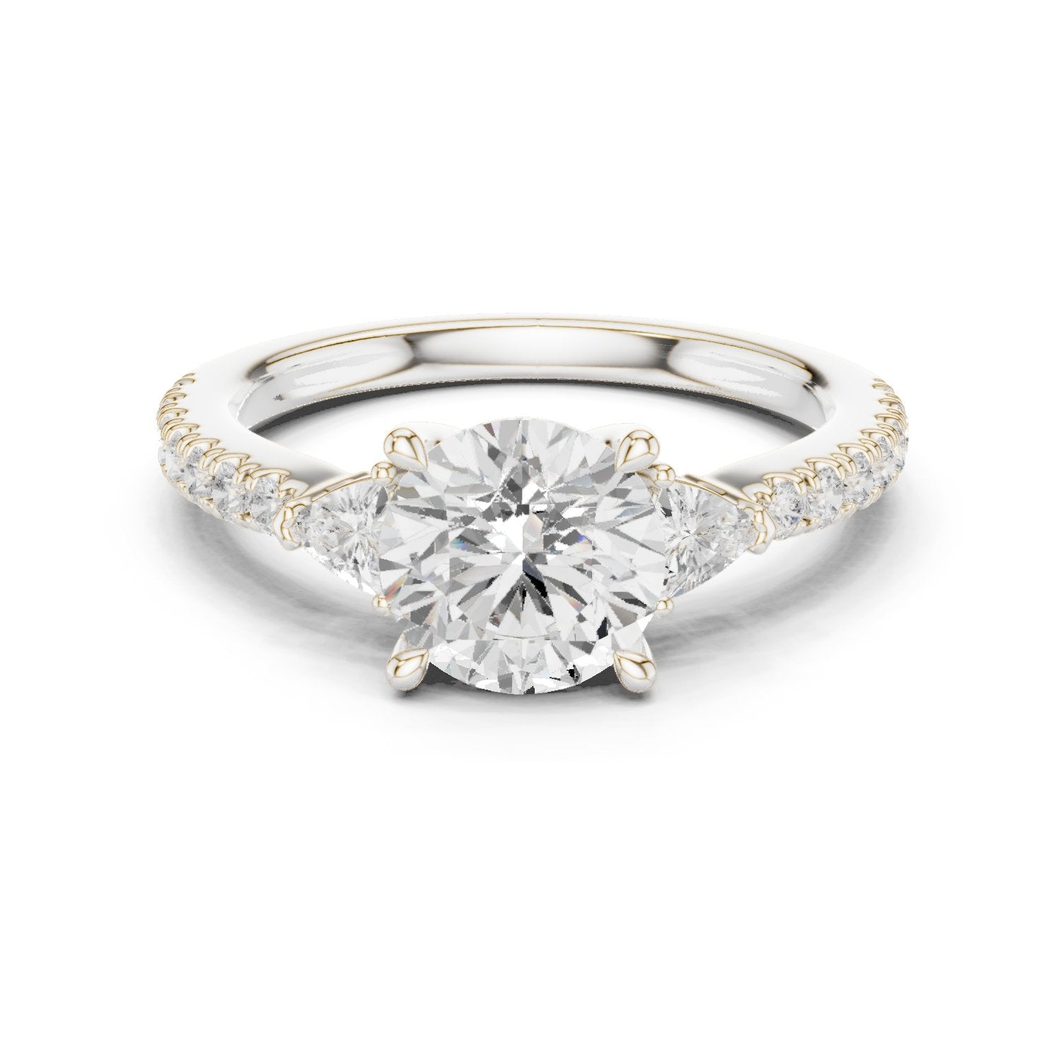 Round Diamond Three Stone Engagement Ring with Trilliant Sides and Pavé Band