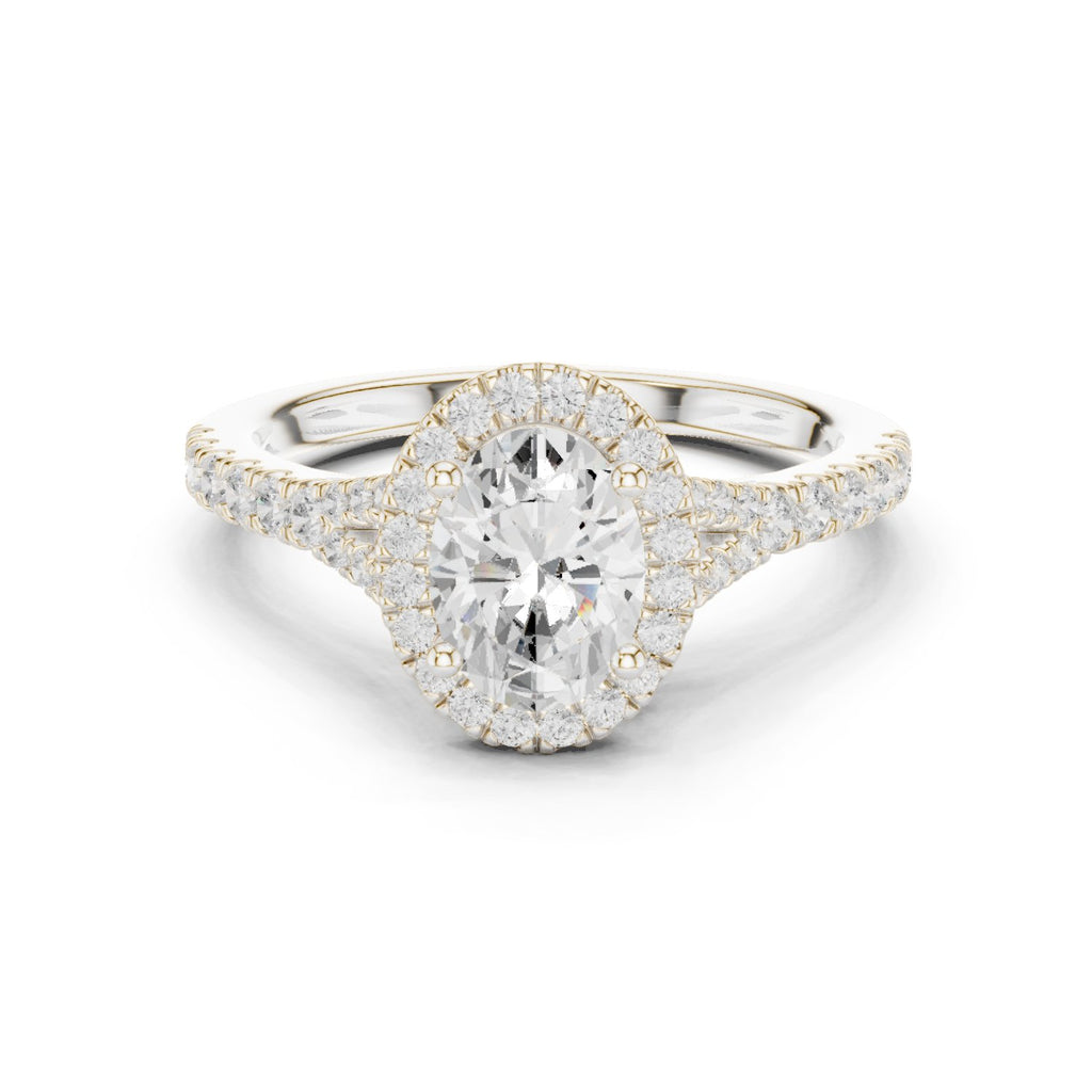 Oval Diamond Halo Engagement Ring with Double Band Split Shank Pavé