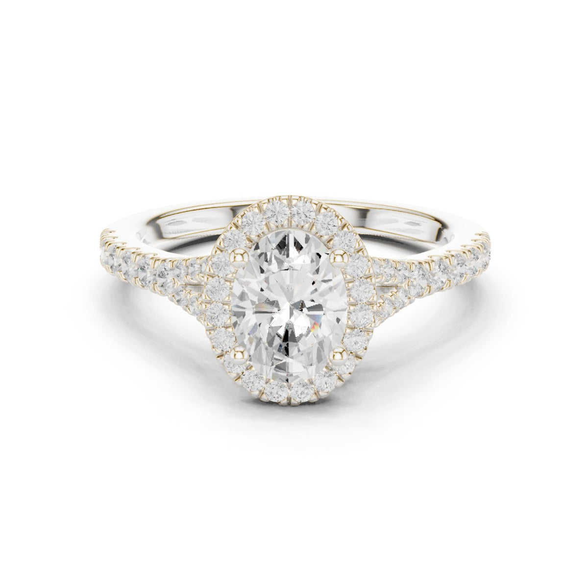 Oval Diamond Halo Engagement Ring with Double Band Split Shank Pavé