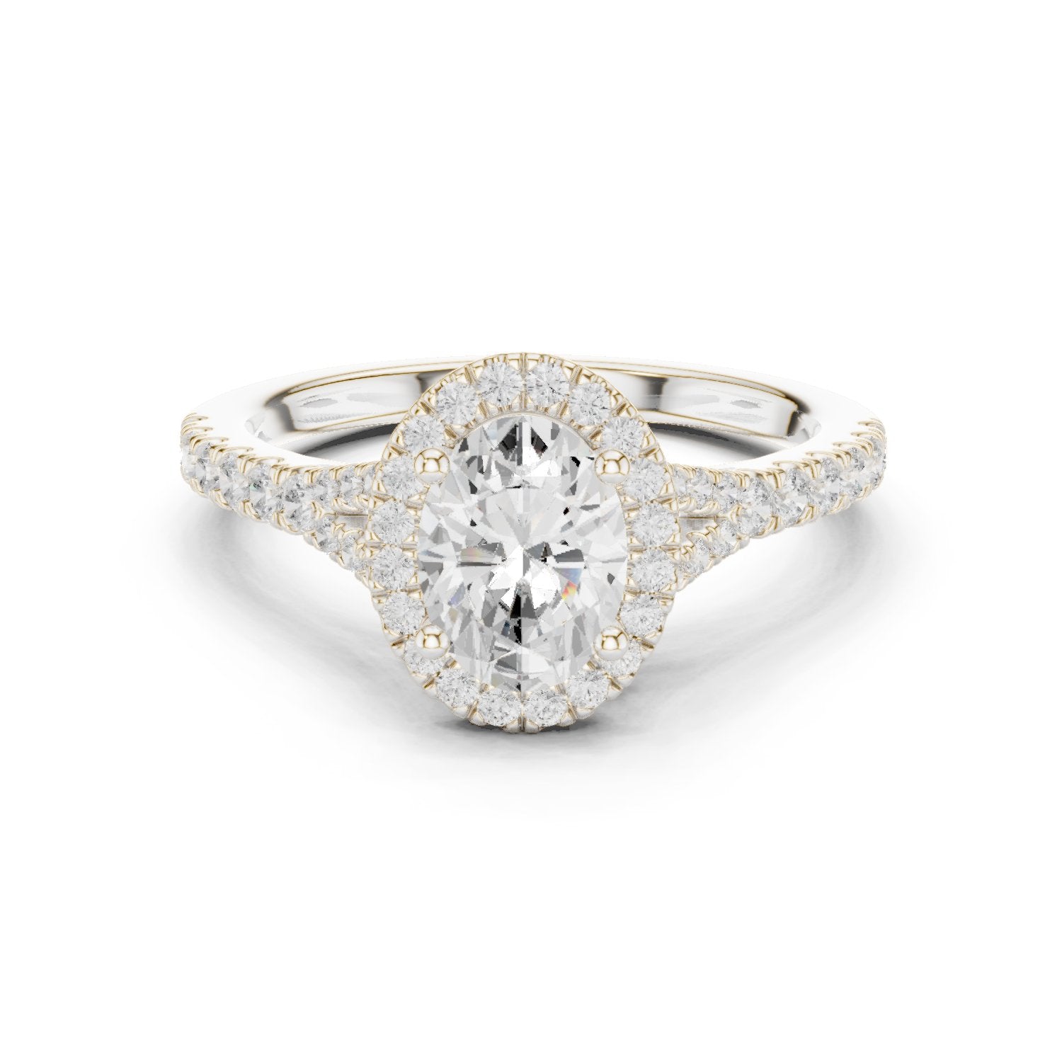 Oval Diamond Halo Engagement Ring with Double Band Split Shank Pavé