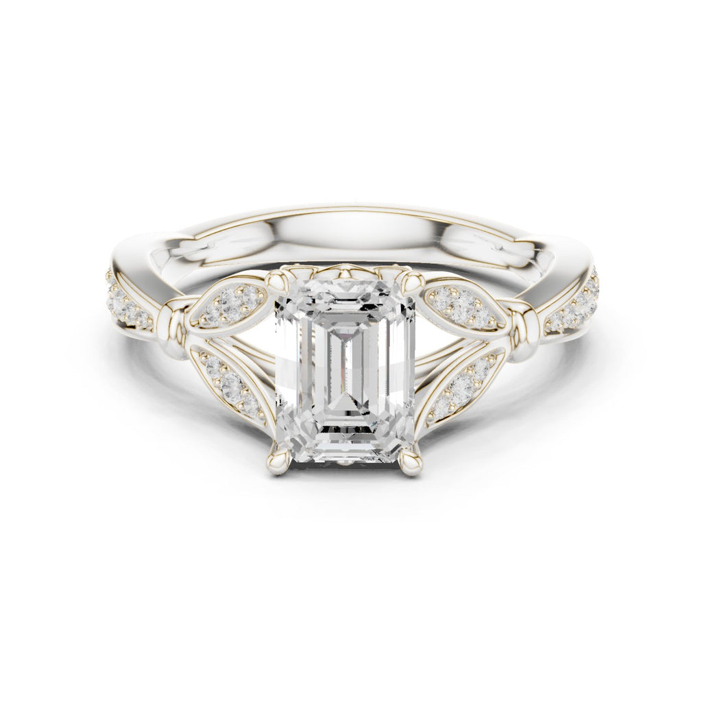 Emerald Cut Engagement Ring with Leaf Side Accents and Pavé Band