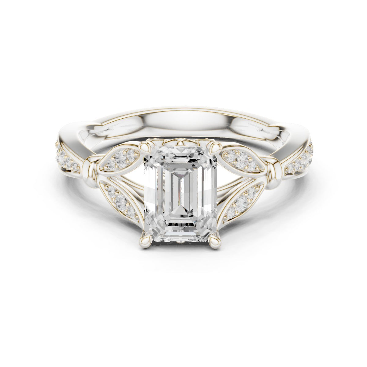 Emerald Cut Engagement Ring with Leaf Side Accents and Pavé Band