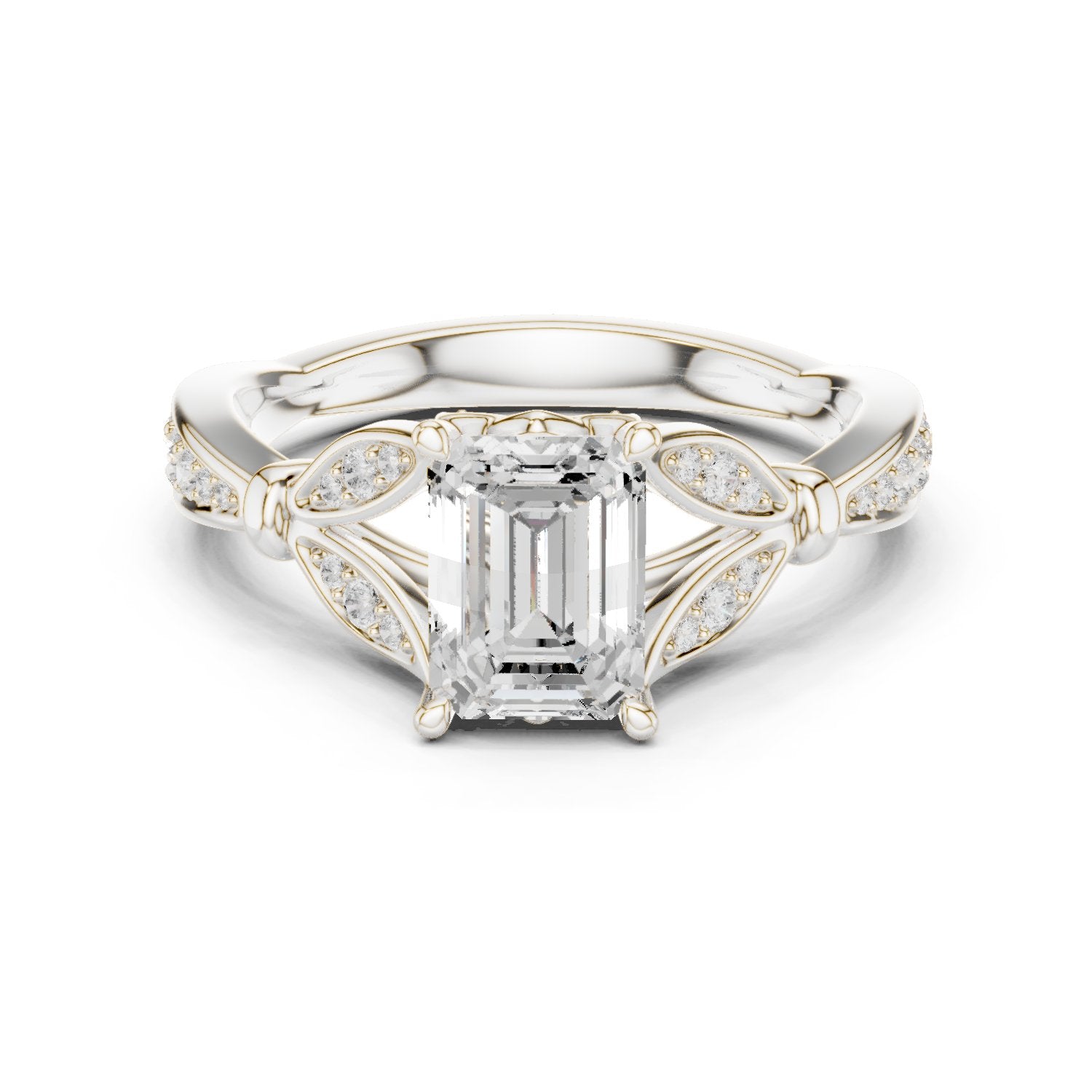 Emerald Cut Engagement Ring with Leaf Side Accents and Pavé Band