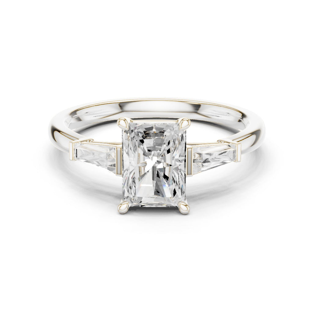 Radiant Cut Three Stone Engagement Ring with Tapered Baguette Sides