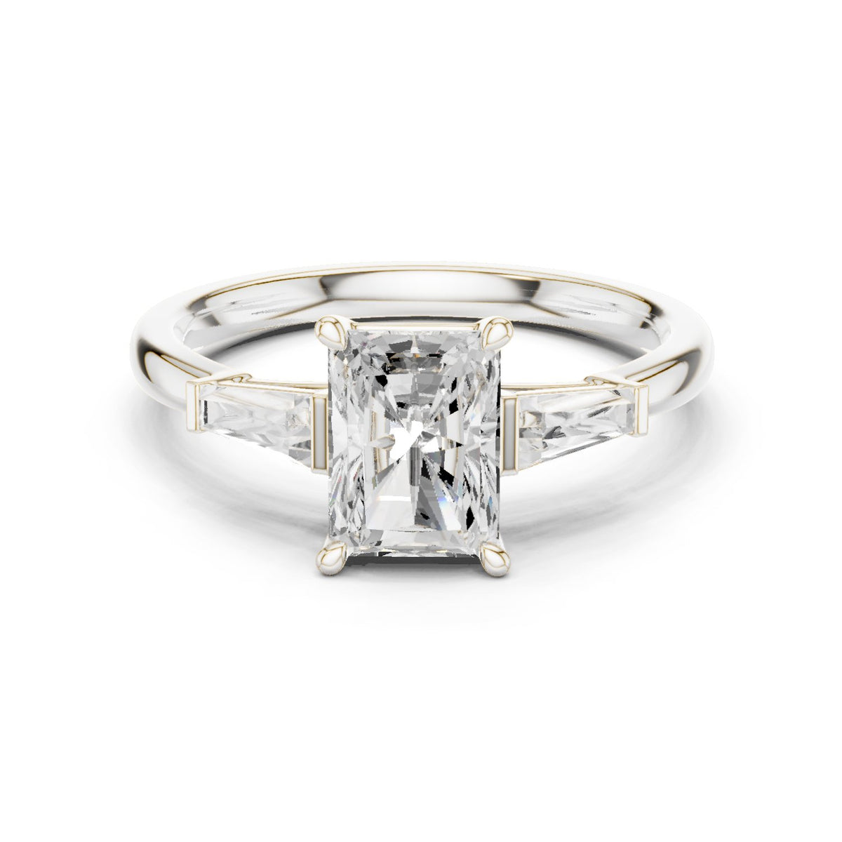 Radiant Cut Three Stone Engagement Ring with Tapered Baguette Sides