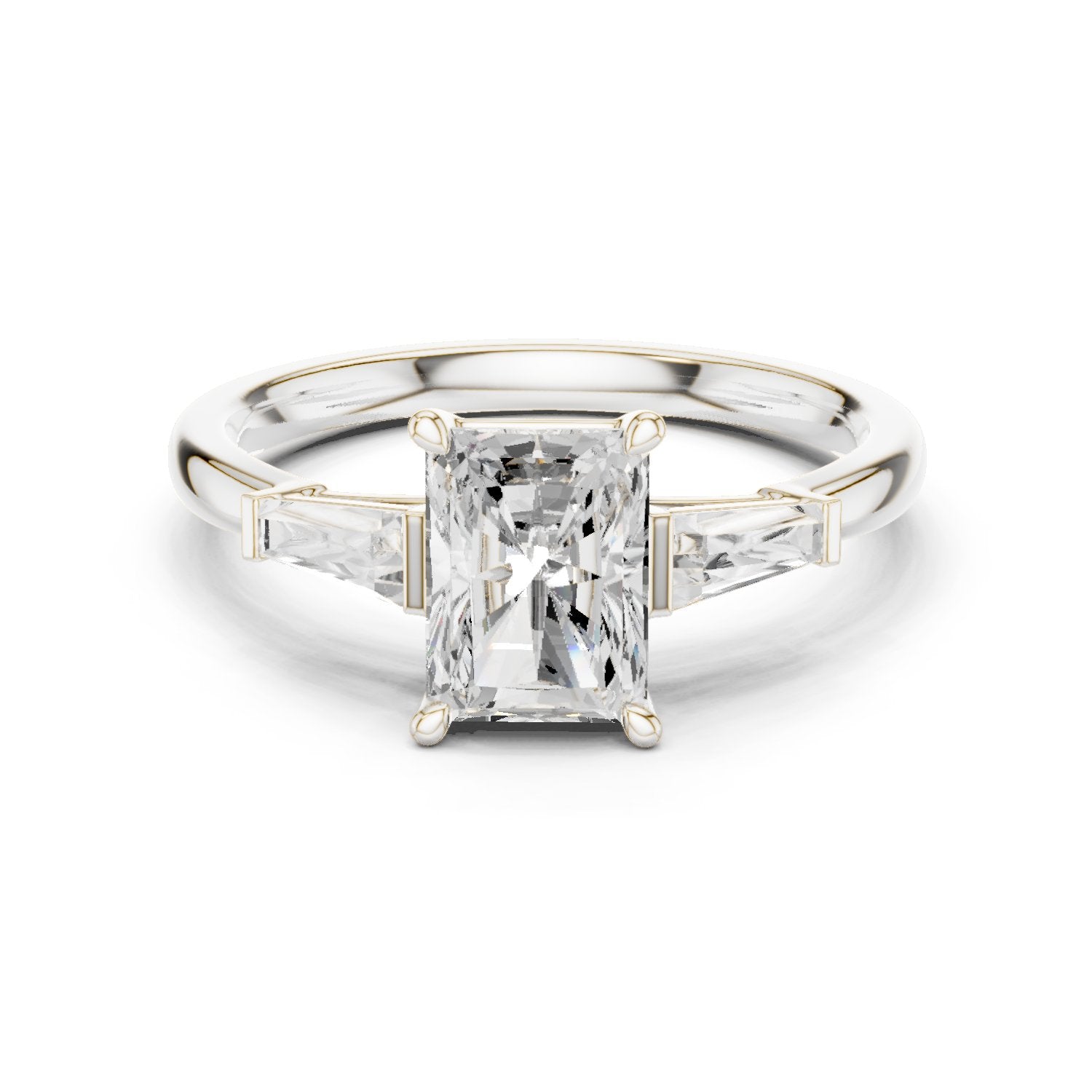 Radiant Cut Three Stone Engagement Ring with Tapered Baguette Sides