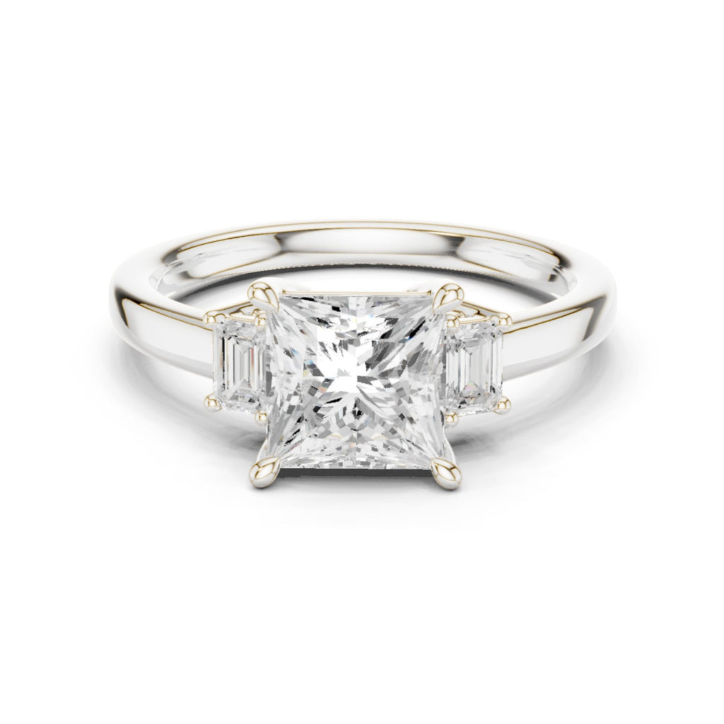 Princess Cut Three Stone Engagement Ring with Tapered Baguette Sides