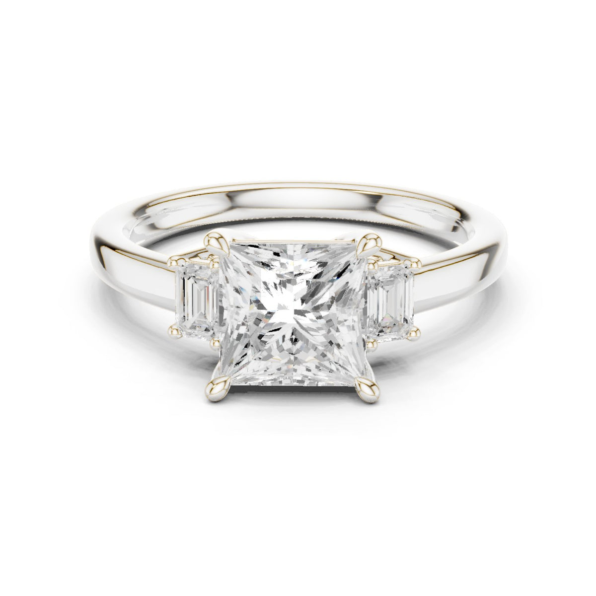 Princess Cut Three Stone Engagement Ring with Tapered Baguette Sides