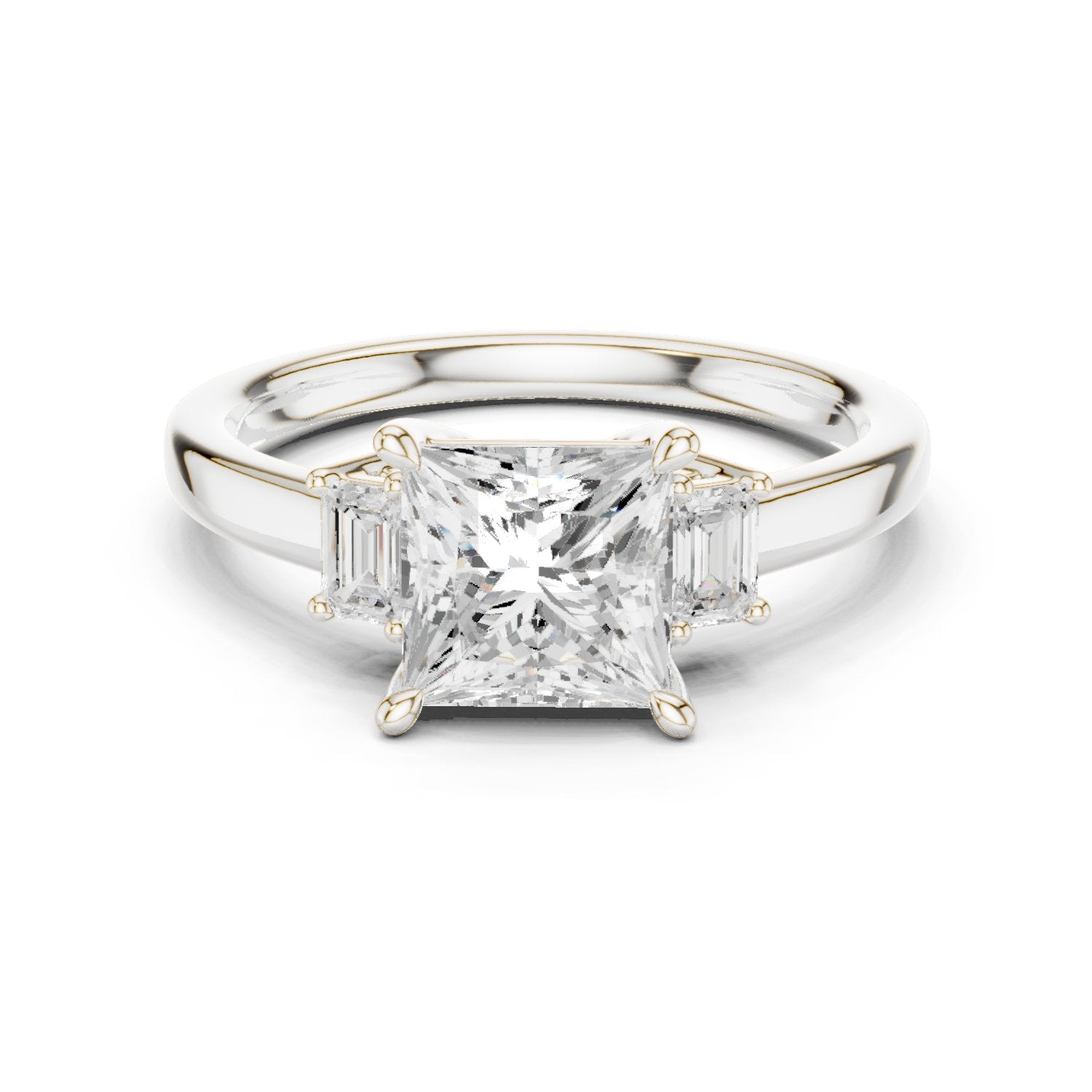 Princess Cut Three Stone Engagement Ring with Tapered Baguette Sides