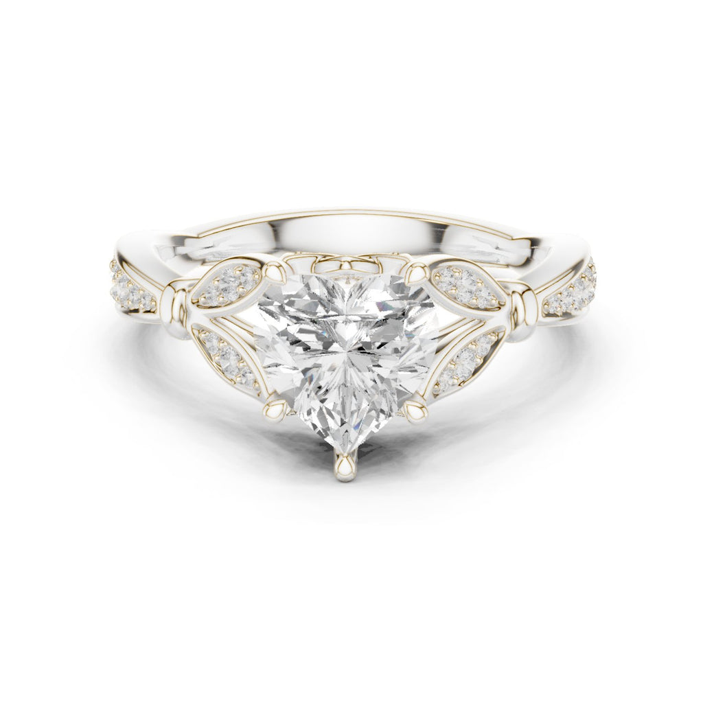 Heart Diamond Engagement Ring with Leaf Side Accents and Pavé Band