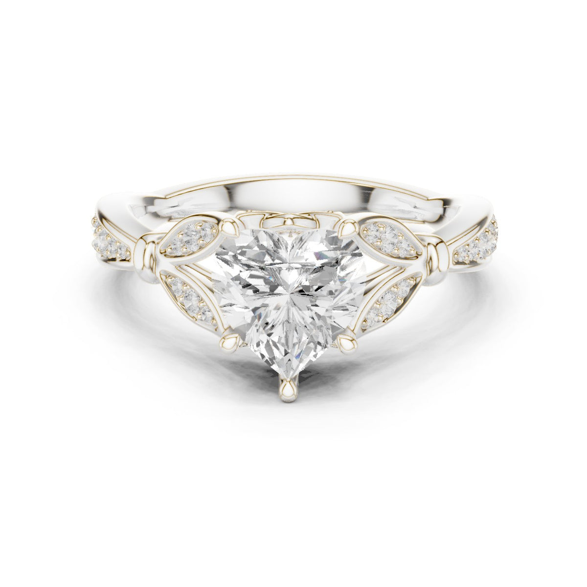 Heart Diamond Engagement Ring with Leaf Side Accents and Pavé Band