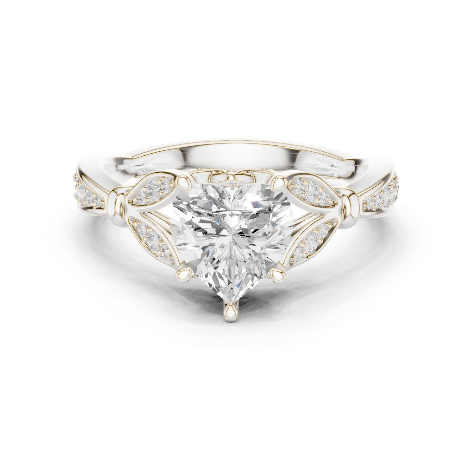 Heart Diamond Engagement Ring with Leaf Side Accents and Pavé Band