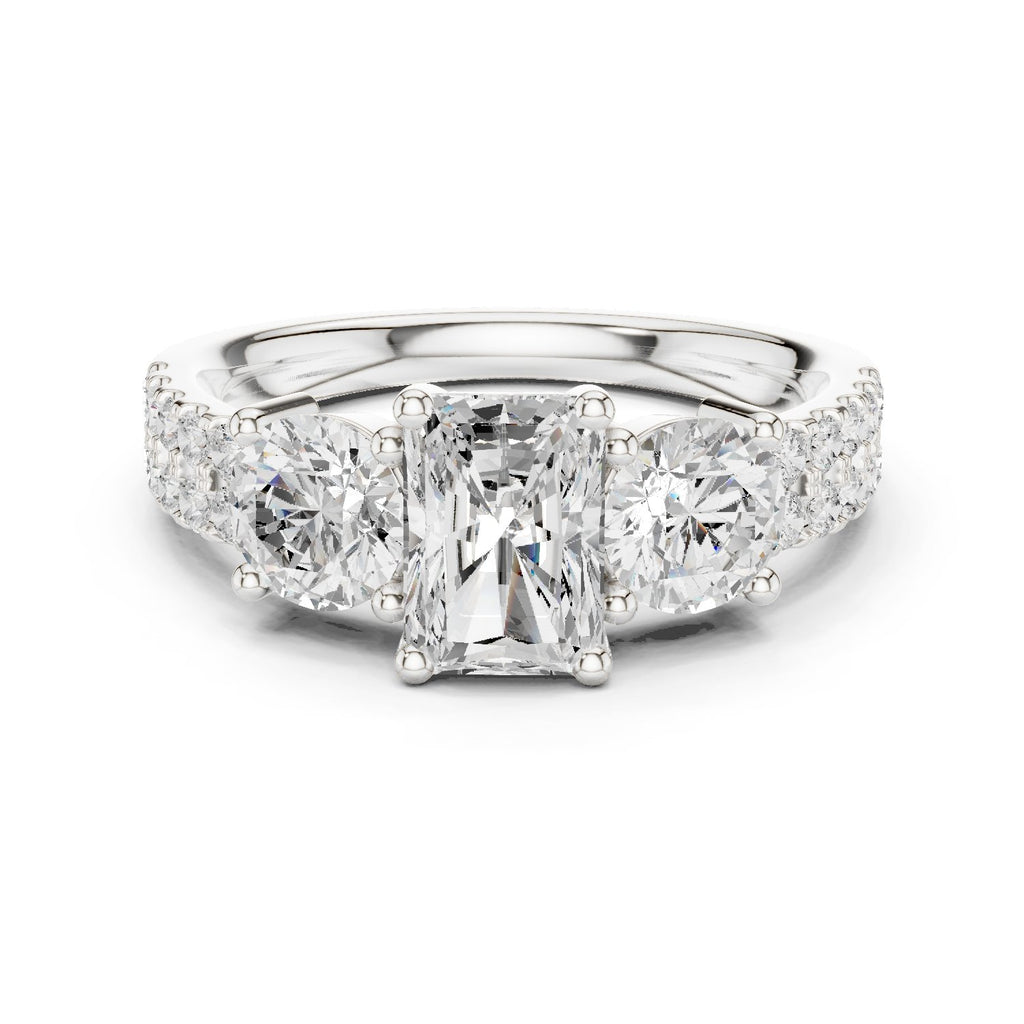 Radiant Cut Engagement Ring with Round Side Accents and Pavé Band