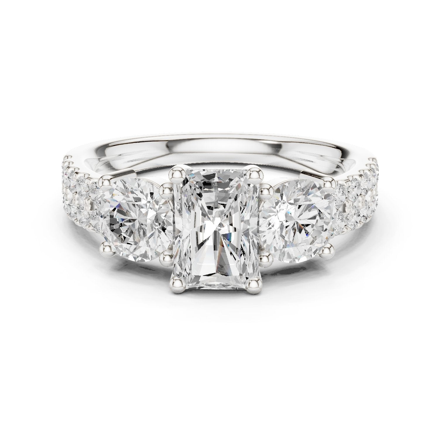 Radiant Cut Engagement Ring with Round Side Accents and Pavé Band