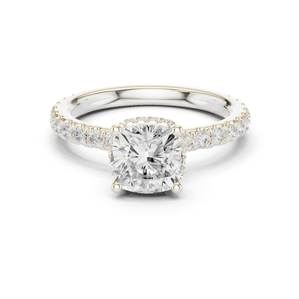 Cushion Cut Hidden Halo Engagement Ring with Cushion Halo and Pavé Band