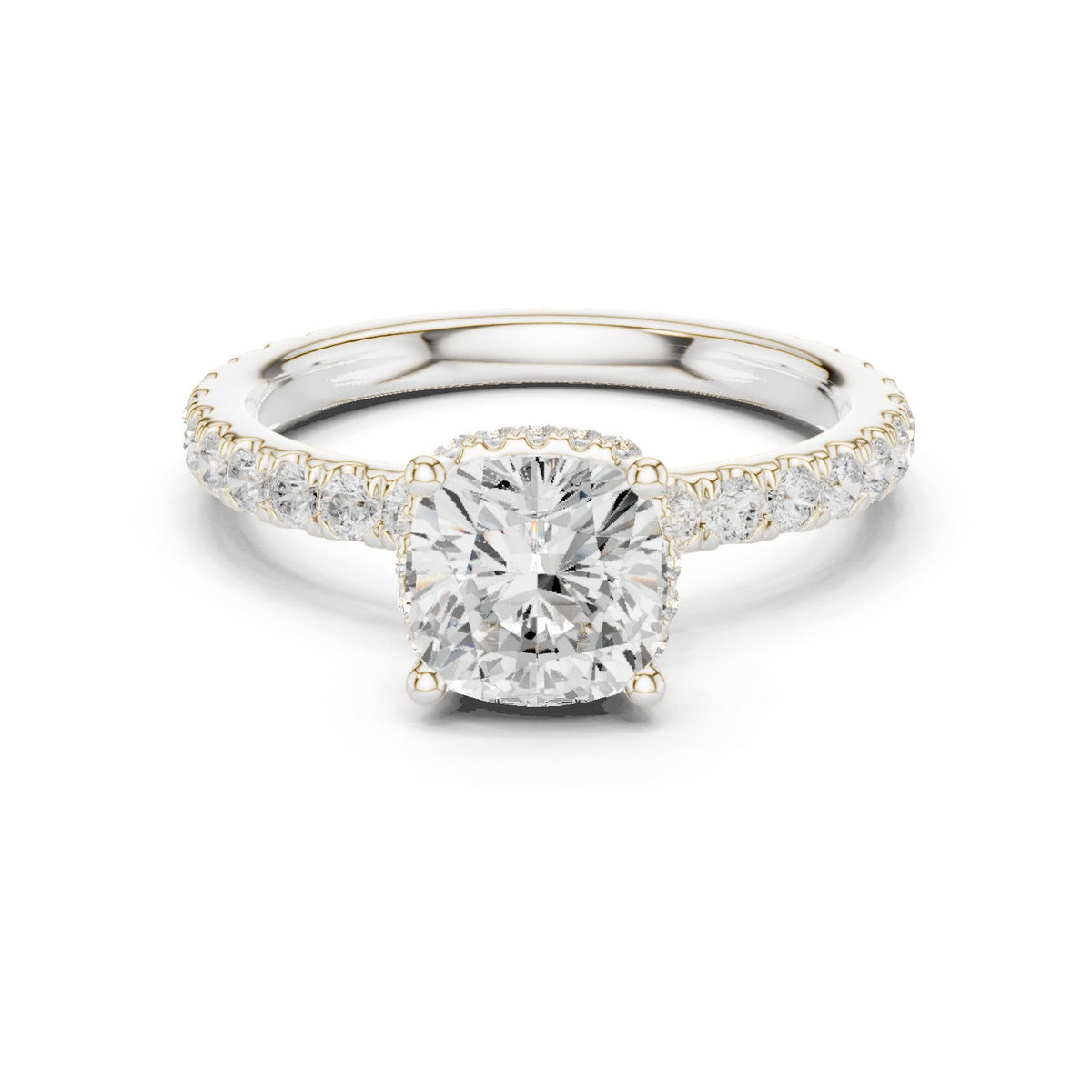 Cushion Cut Hidden Halo Engagement Ring with Cushion Halo and Pavé Band