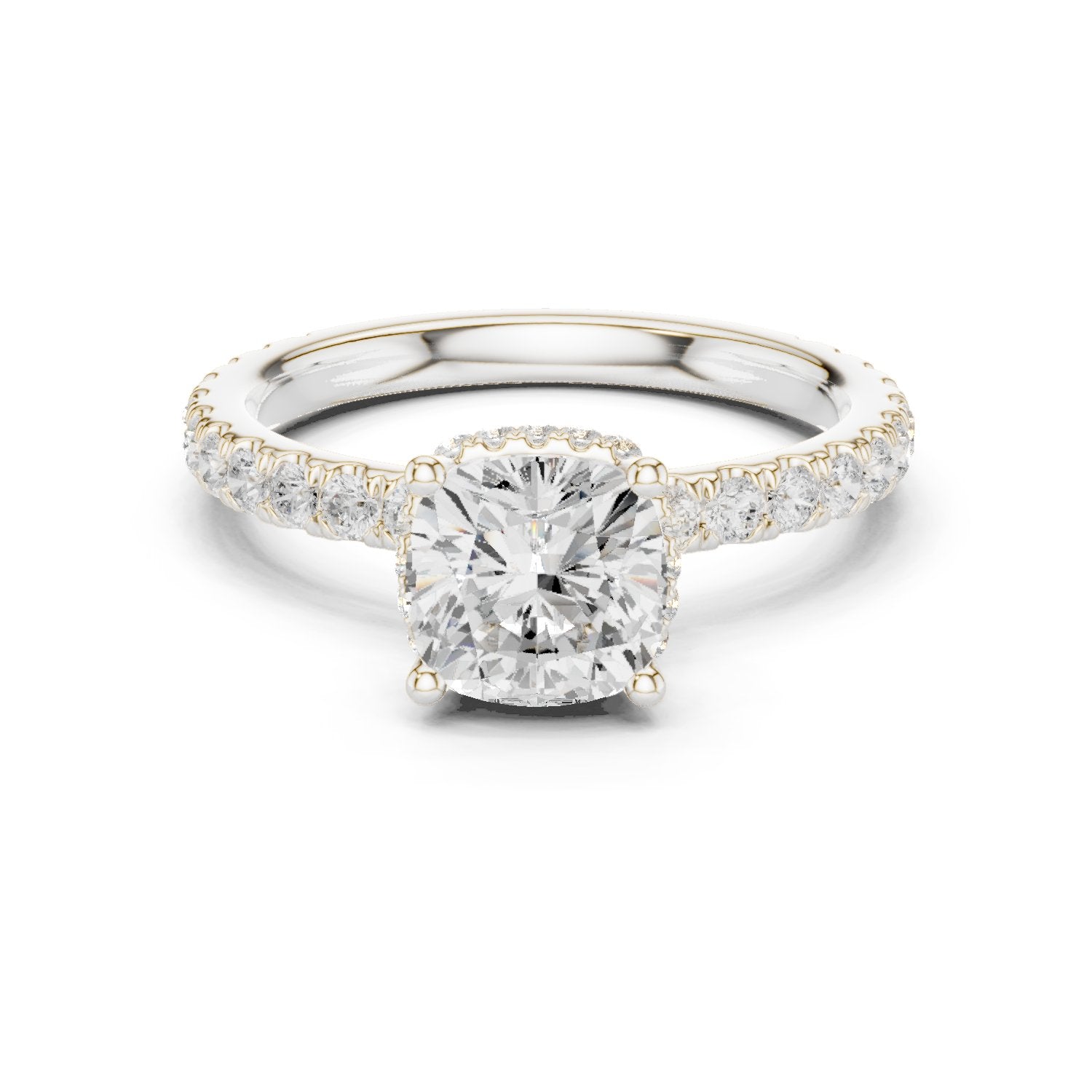 Cushion Cut Hidden Halo Engagement Ring with Cushion Halo and Pavé Band