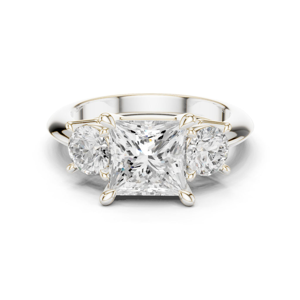 Princess Cut Three Stone Engagement Ring with Round Sides