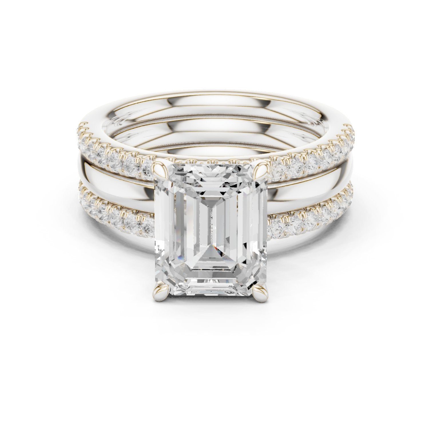 Emerald Cut Engagement Ring with Stacked Double Pavé Band