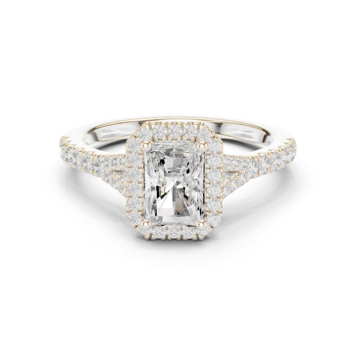 Radiant Cut Halo Engagement Ring with Split Shank Pavé Band