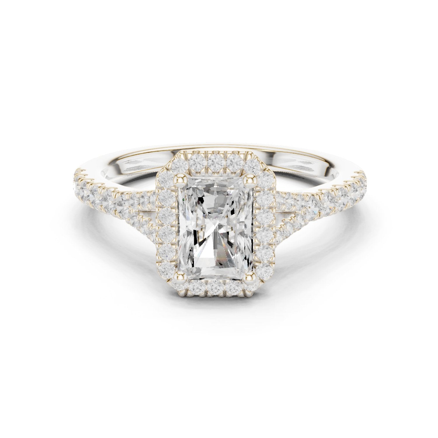 Radiant Cut Halo Engagement Ring with Split Shank Pavé Band
