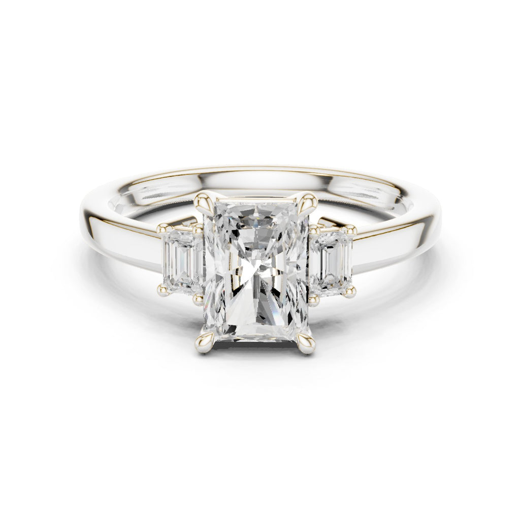 Radiant Cut Three Stone Engagement Ring with Emerald Sides