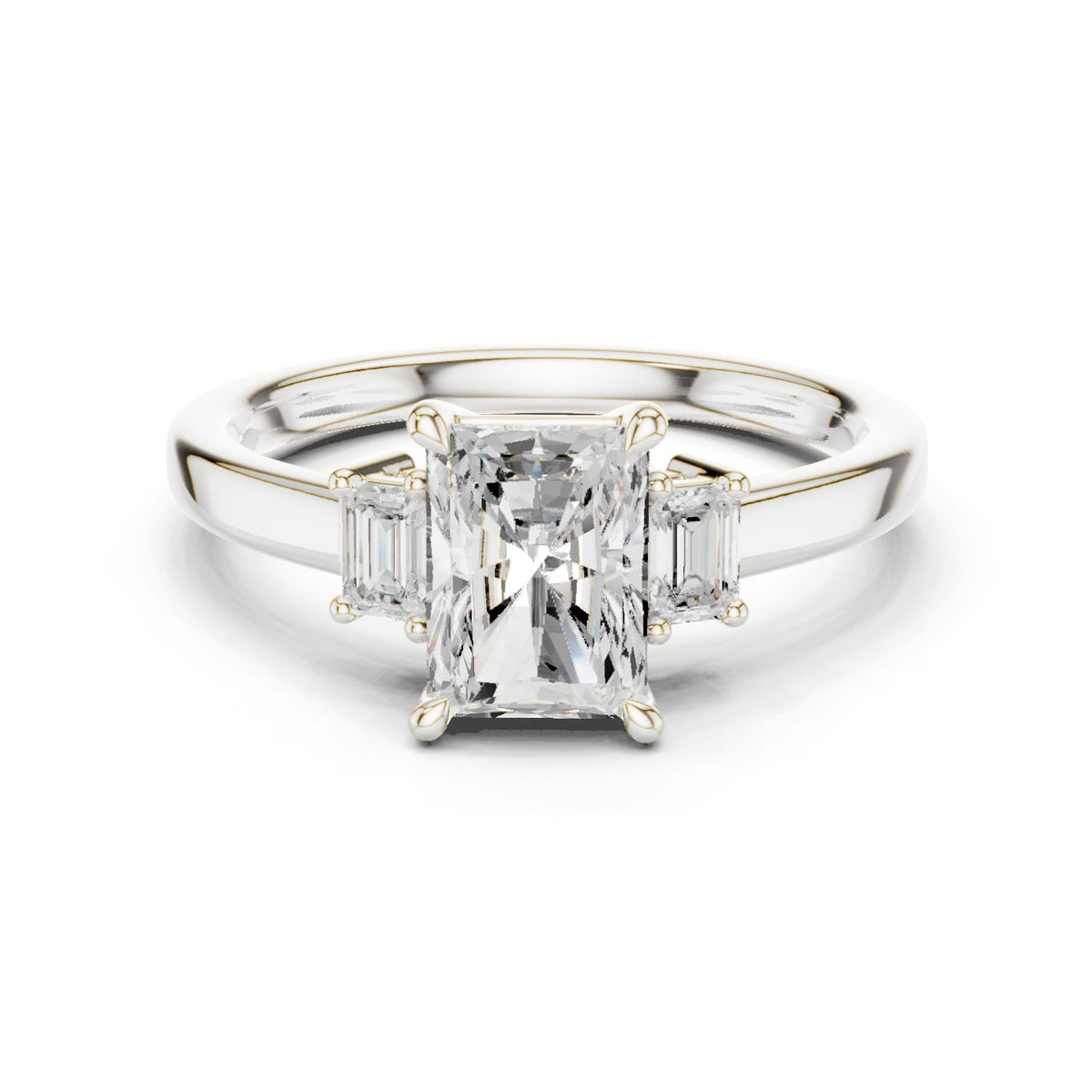 Radiant Cut Three Stone Engagement Ring with Emerald Sides